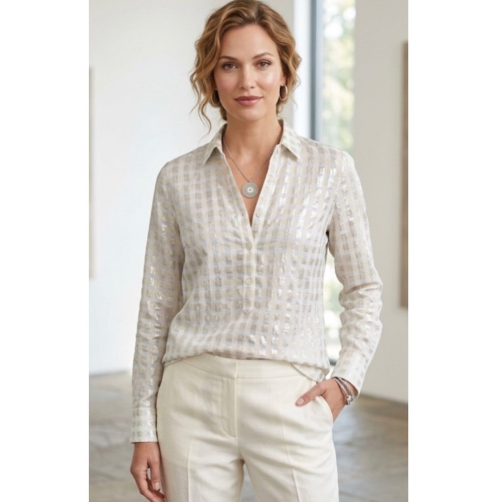 J. Crew Metallic Check Popover Blouse